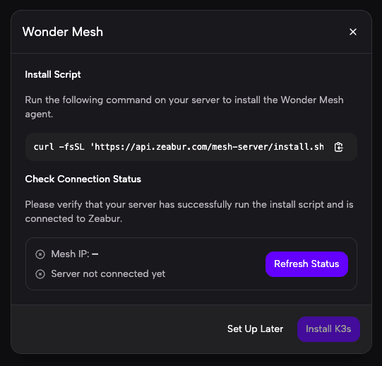 Terminal mostrando el script de instalación de Wonder Mesh completándose correctamente