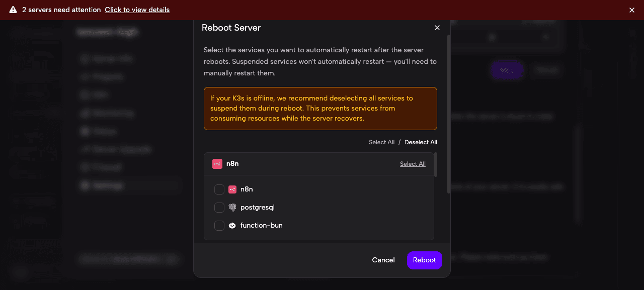 Diálogo de Reboot Server con todos los servicios deseleccionados