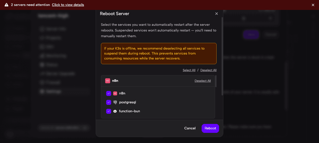 Diálogo de Reboot Server con lista de servicios