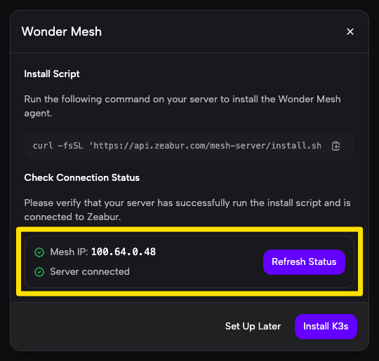 Consola de Zeabur mostrando el servidor conectado con una IP mesh asignada