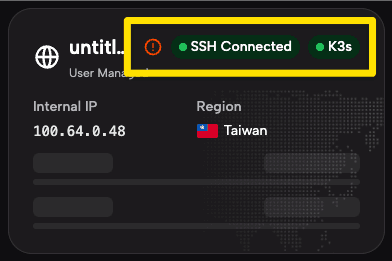 Tarjeta de servidor mostrando SSH conectado y K3s en estado saludable