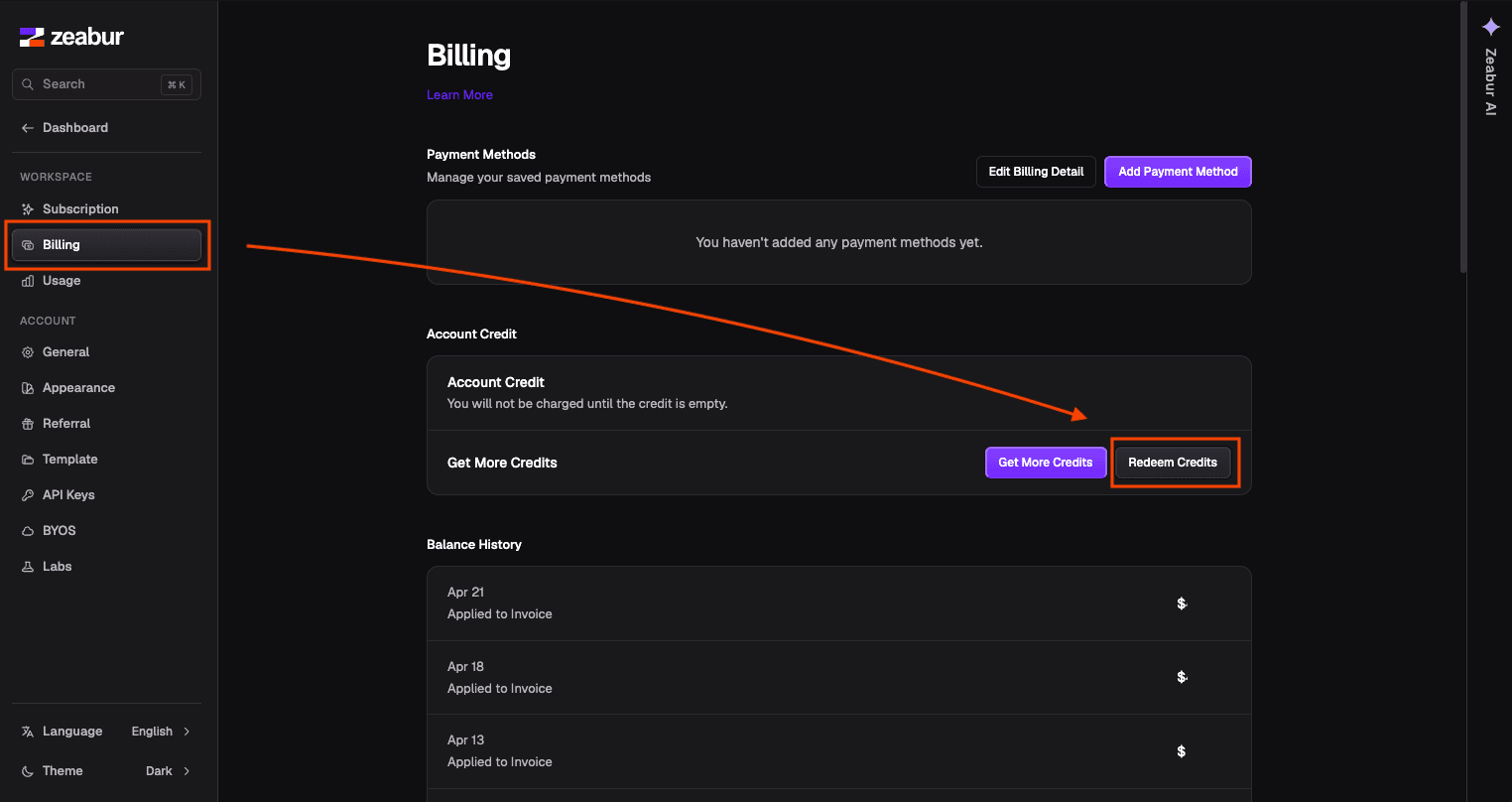 Cambiar a Billing y hacer clic en Redeem Credits