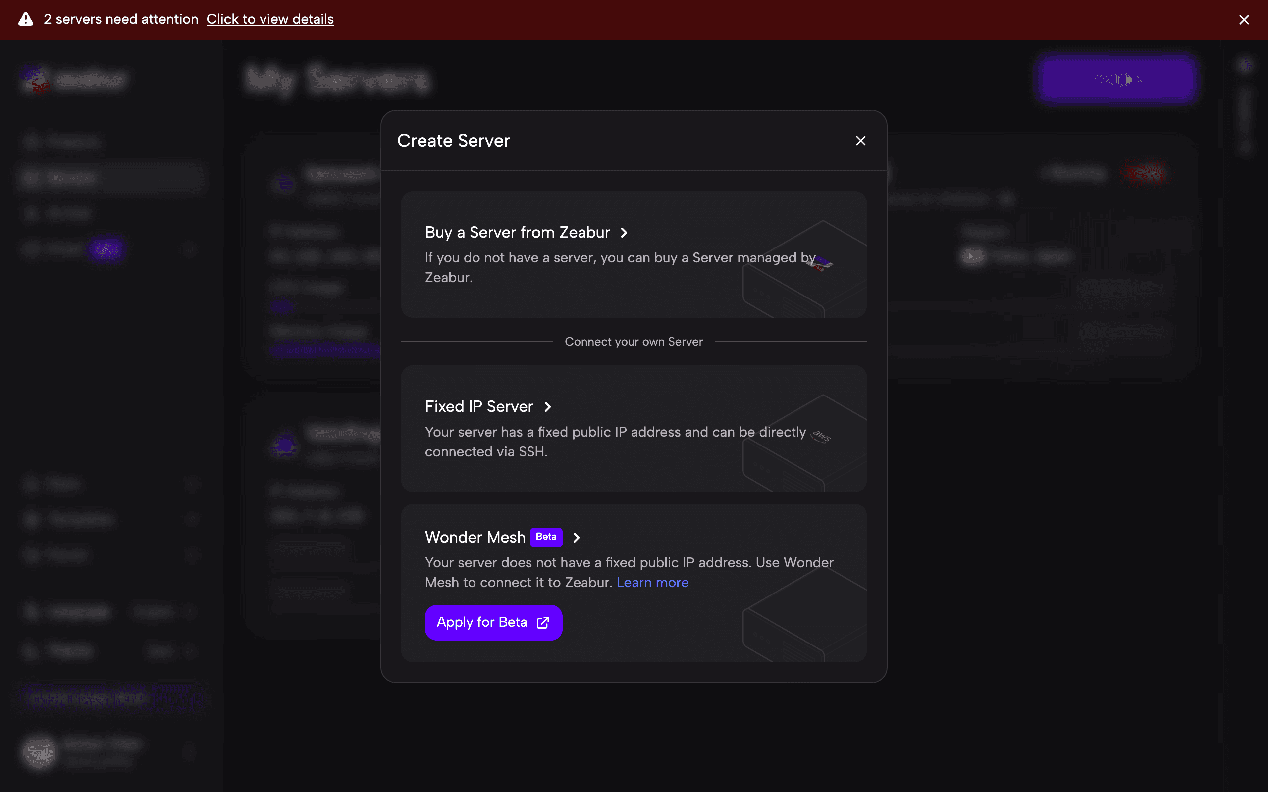 Diálogo de creación de servidor