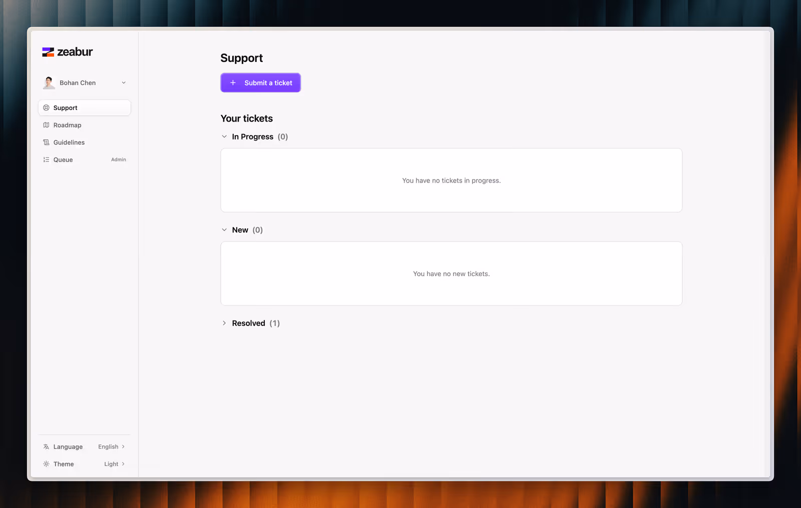 The new Support landing — one clear action, with your own tickets grouped by status below